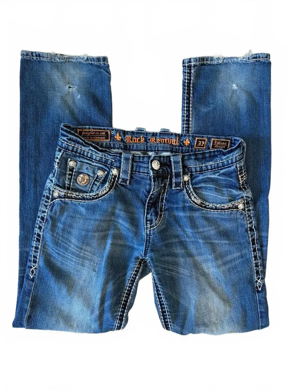 Rock Revival Fabiano Straight Leg Jeans Womens Size 31 Medium Wash Fleur
